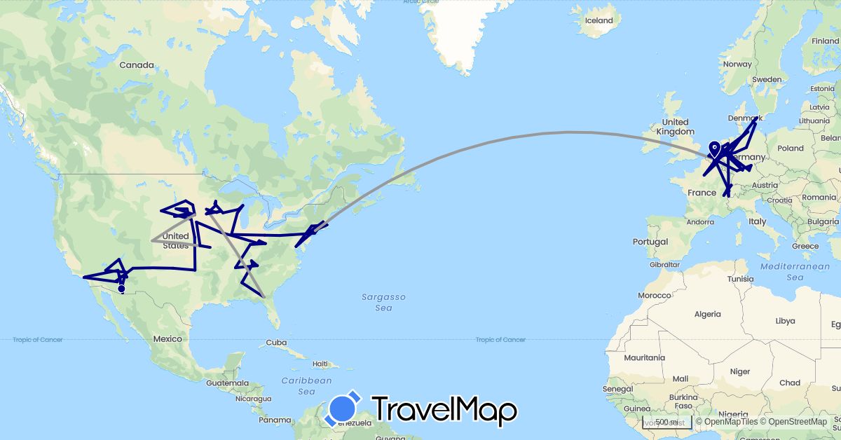 TravelMap itinerary: driving, plane in Belgium, Switzerland, Germany, Denmark, France, Netherlands, United States (Europe, North America)